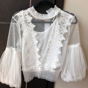 NWT White Mesh & Lace Blouse